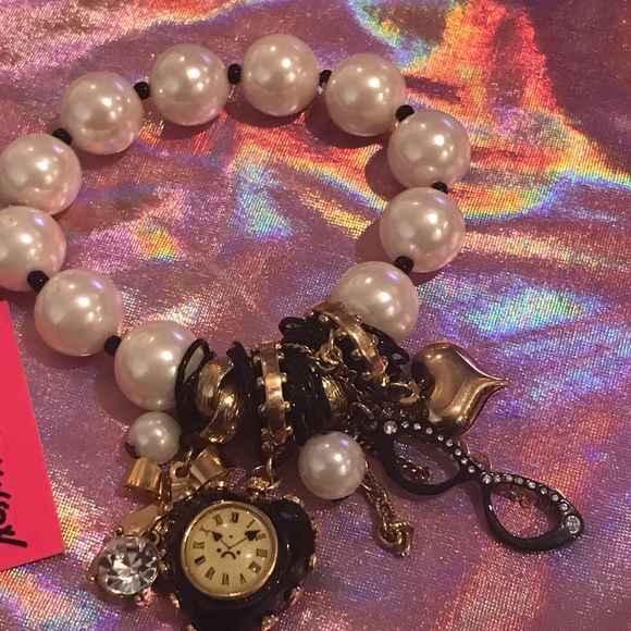 Betsey Johnson pearl clock heart stretch bracelet time flies bow pinup glasses - Picture 4 of 6
